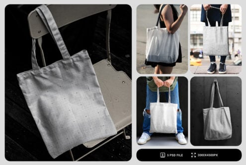 Blank canvas tote bag mockup bundle shown on models in 6 lifestyle shots