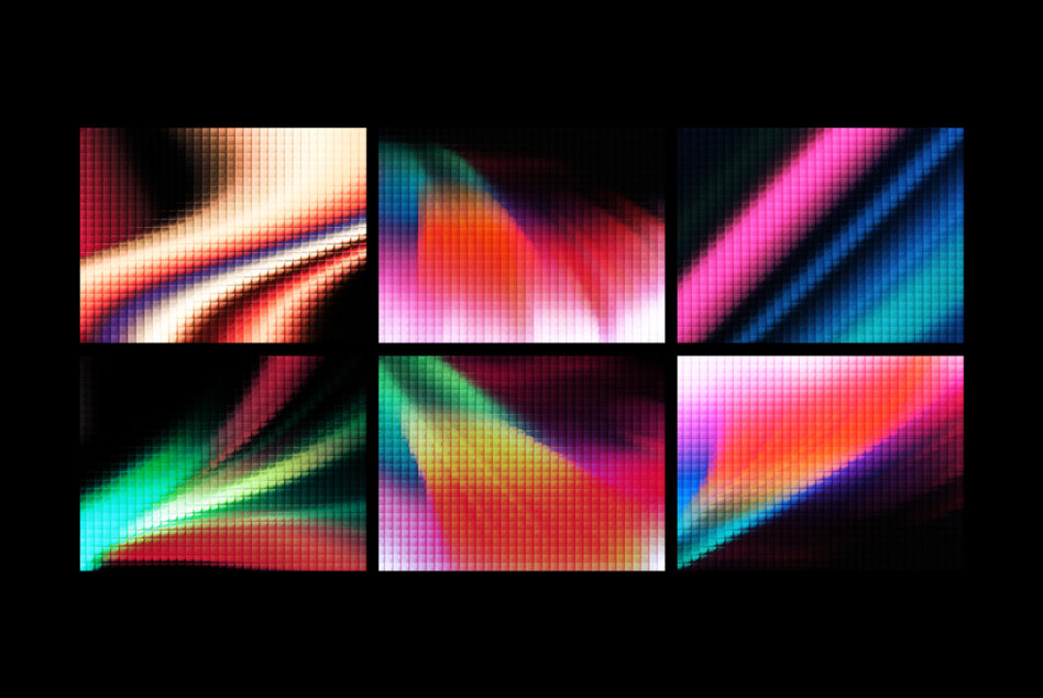 Six vibrant gradient backgrounds with pixelated mesh textures, neons flowing diagonally across dark surfaces