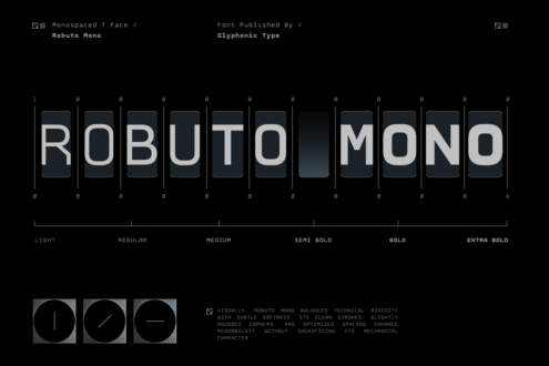 Roboto Mono font weight spectrum displayed across light through extra bold on dark grid
