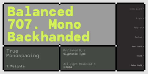 Balanced 707 Mono font family display showing all 7 weights in neon yellow