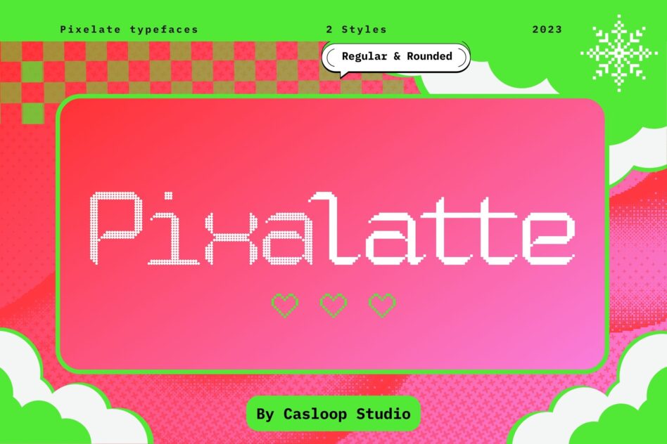 Pixelate typeface with regular plus rounded styles displayed in white pixel text on bright pink background with neon green accents