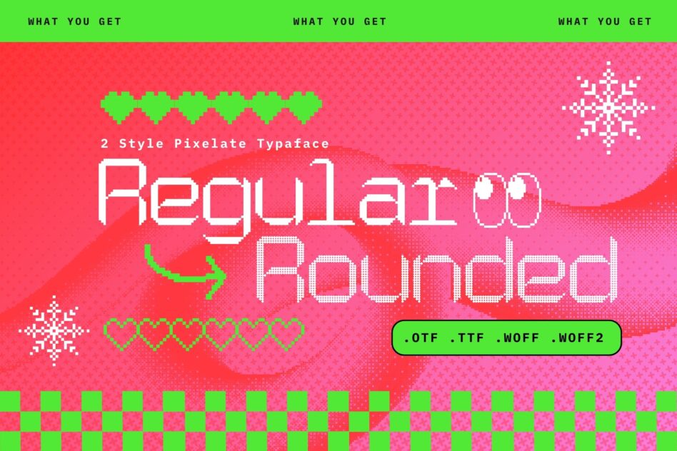 Retro pixel font with 2 styles, neon green hearts, snowflakes on hot pink background