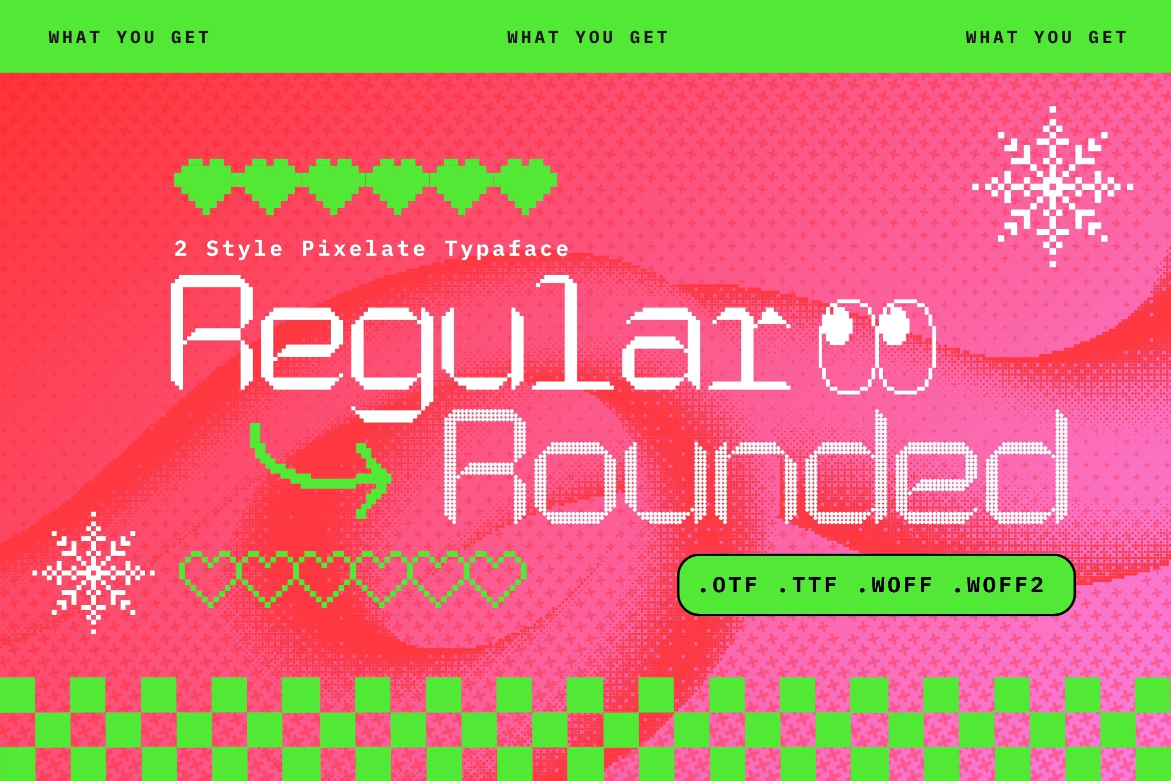 Retro pixel font with 2 styles, neon green hearts, snowflakes on hot pink background