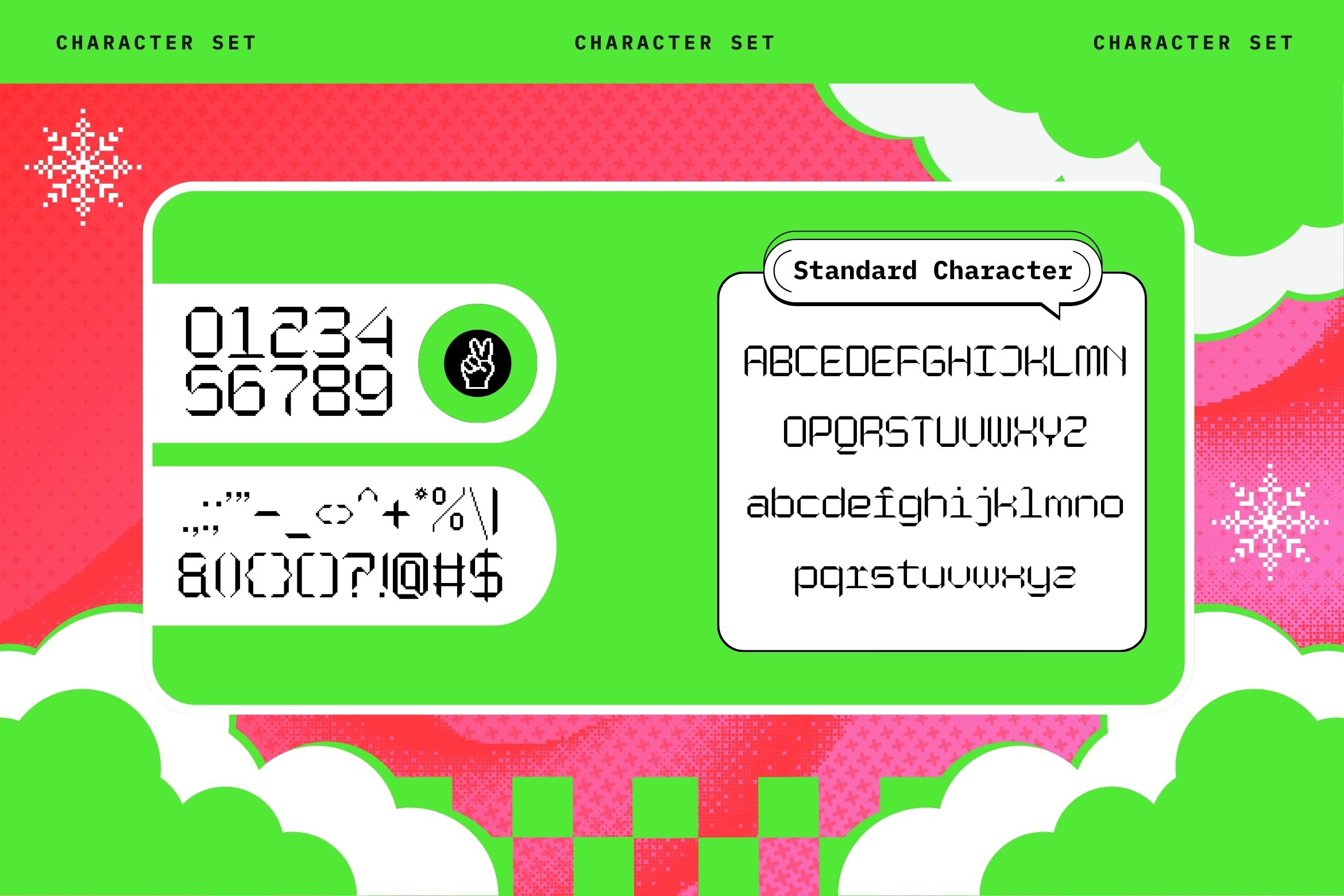Bright neon character set with numbers, symbols, letters in lime green with pixelated snowflakes