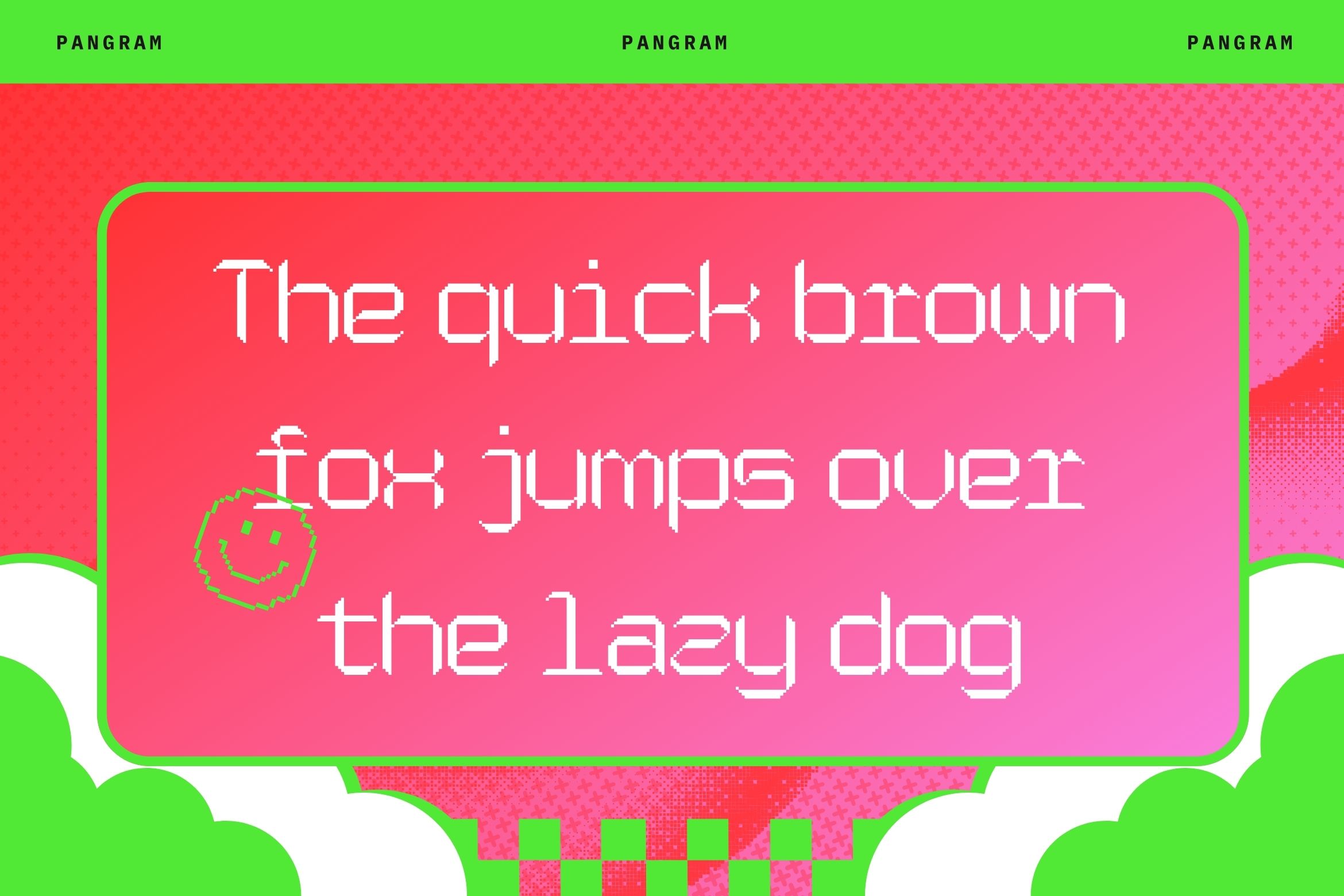Pangram font displayed in pixelated white lettering on hot pink background with neon green frame