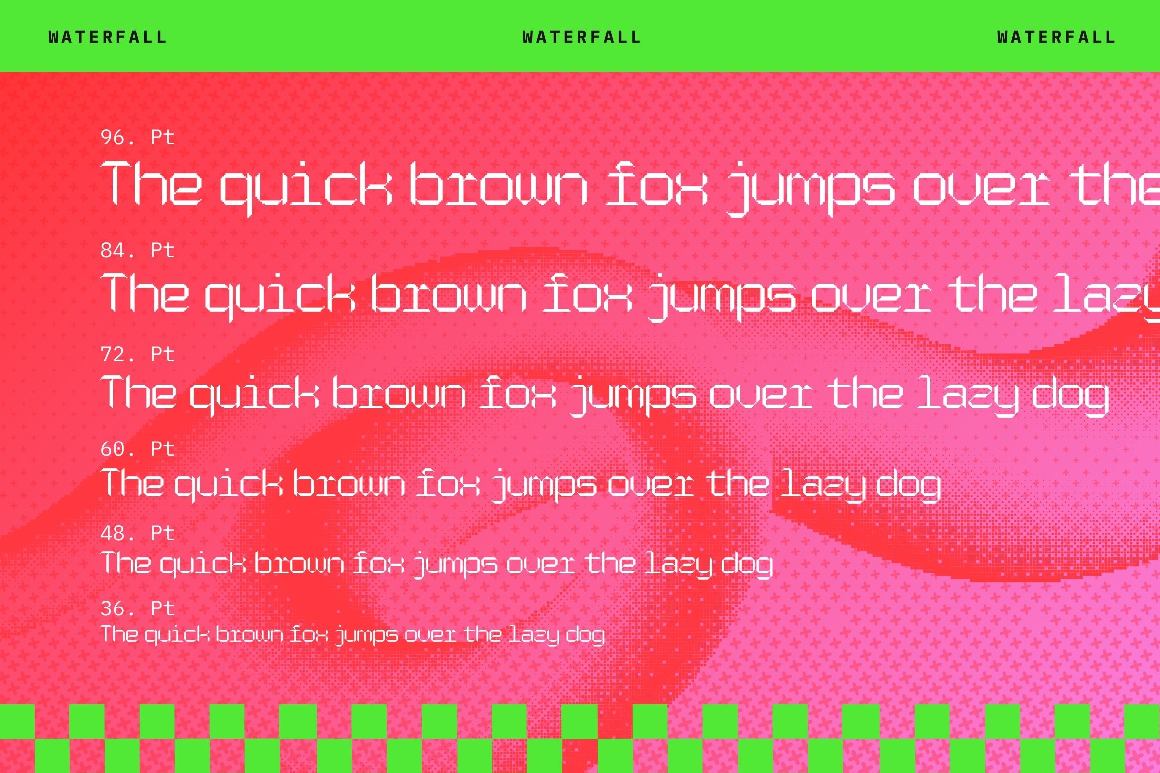 Waterfall font family showing multiple sizes from 96pt down to 36pt with neon green header on hot pink background