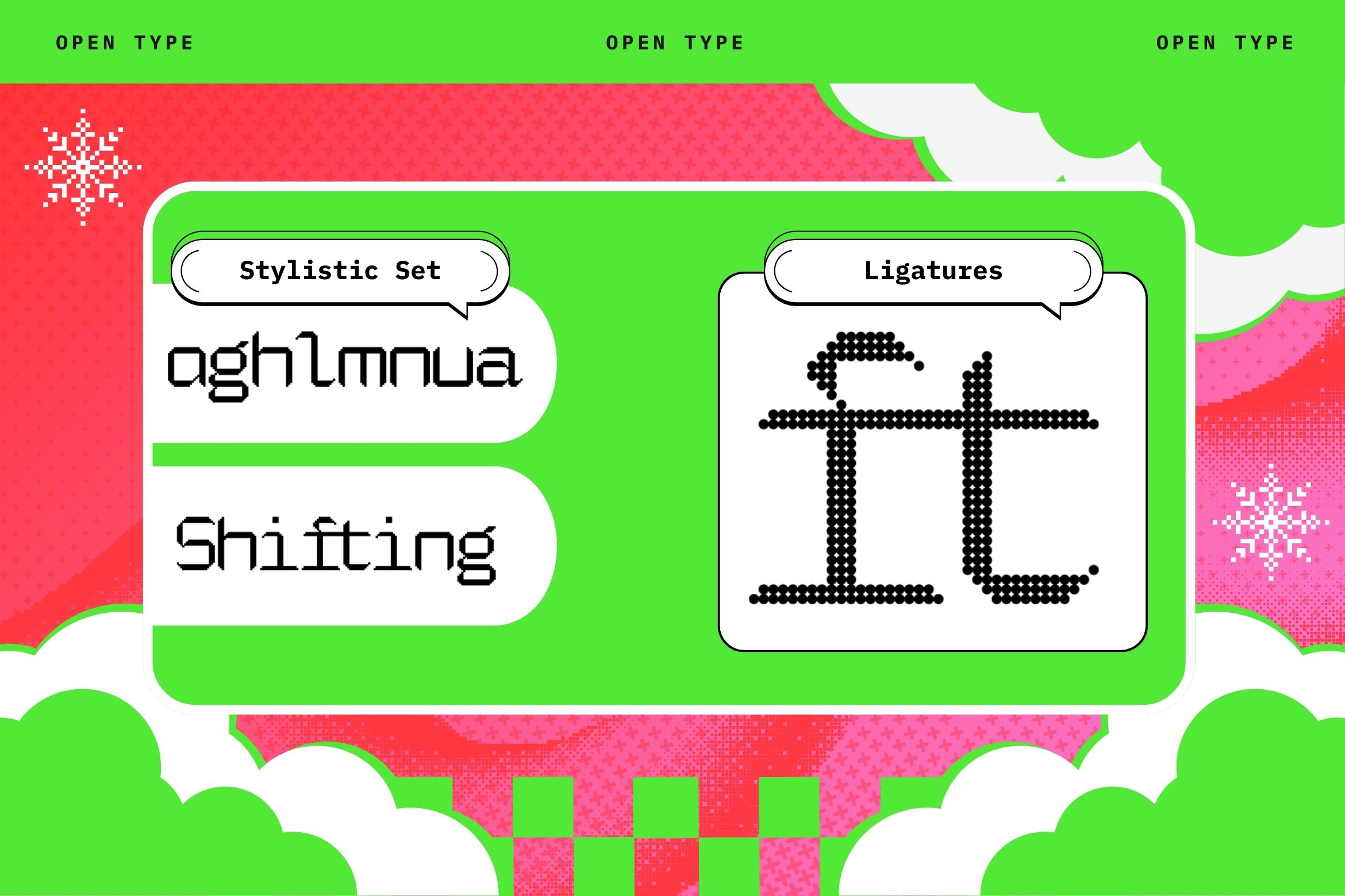 Open Type font with stylistic alternates, ligatures, pixel snowflakes on neon background