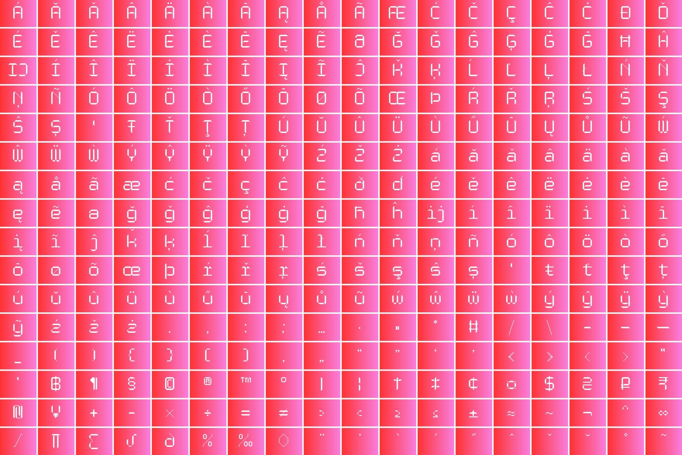 Bright pink grid of outlined characters, symbols, numbers with various accents, diacritics in modern minimalist style