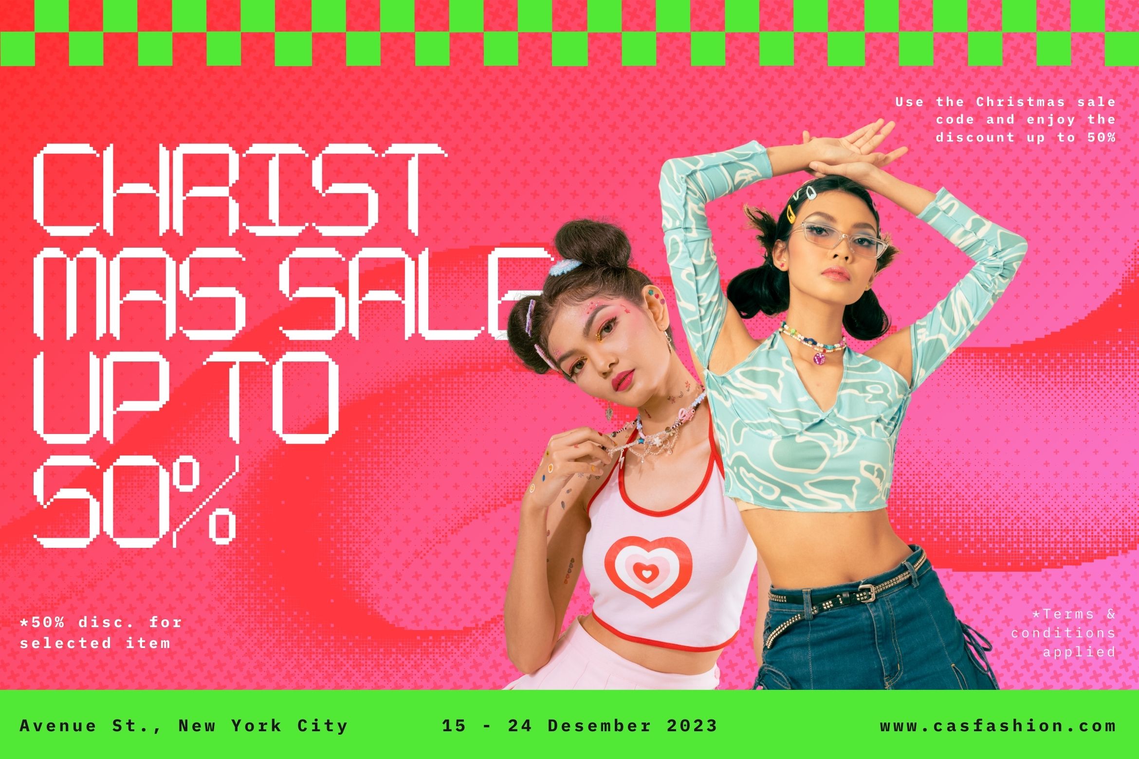 Bright neon Christmas sale poster with two stylish girls posing against hot pink backdrop with lime green checkerboard border