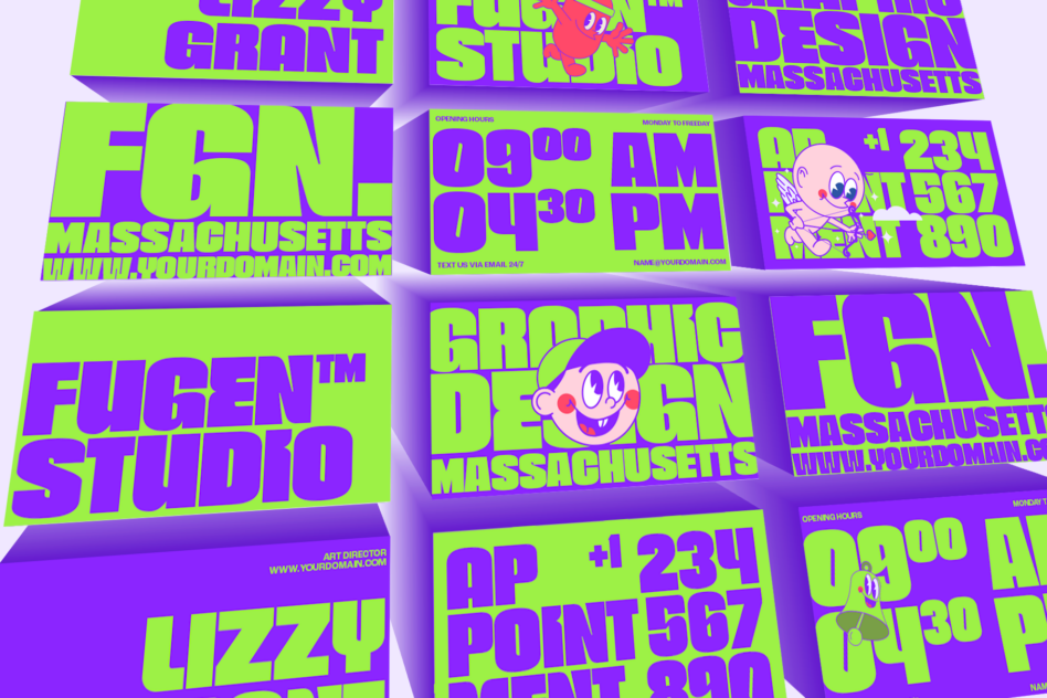 Neon lime plus purple business cards with chunky typography plus cartoon mascot characters in 3D perspective
