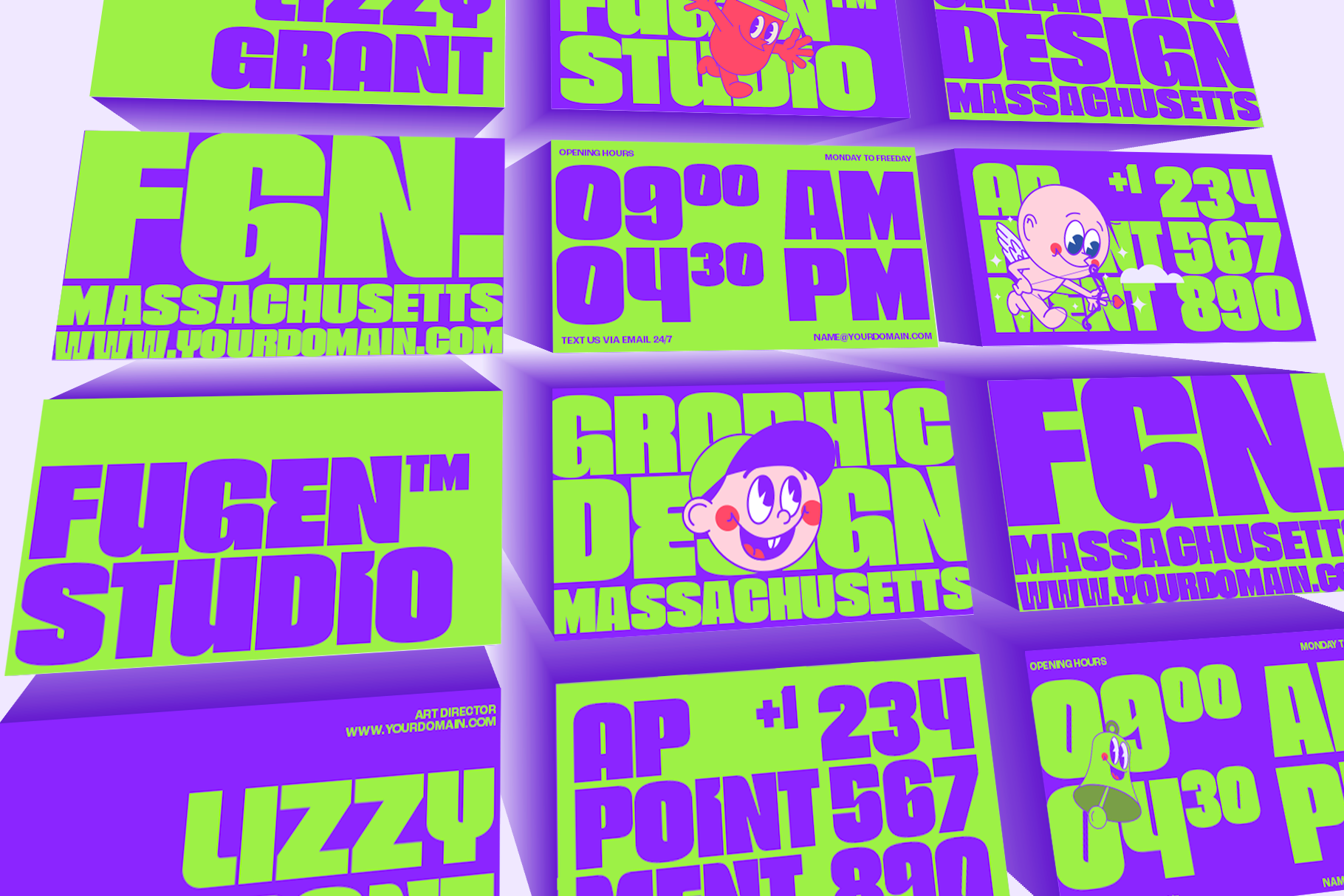 Neon lime plus purple business cards with chunky typography plus cartoon mascot characters in 3D perspective