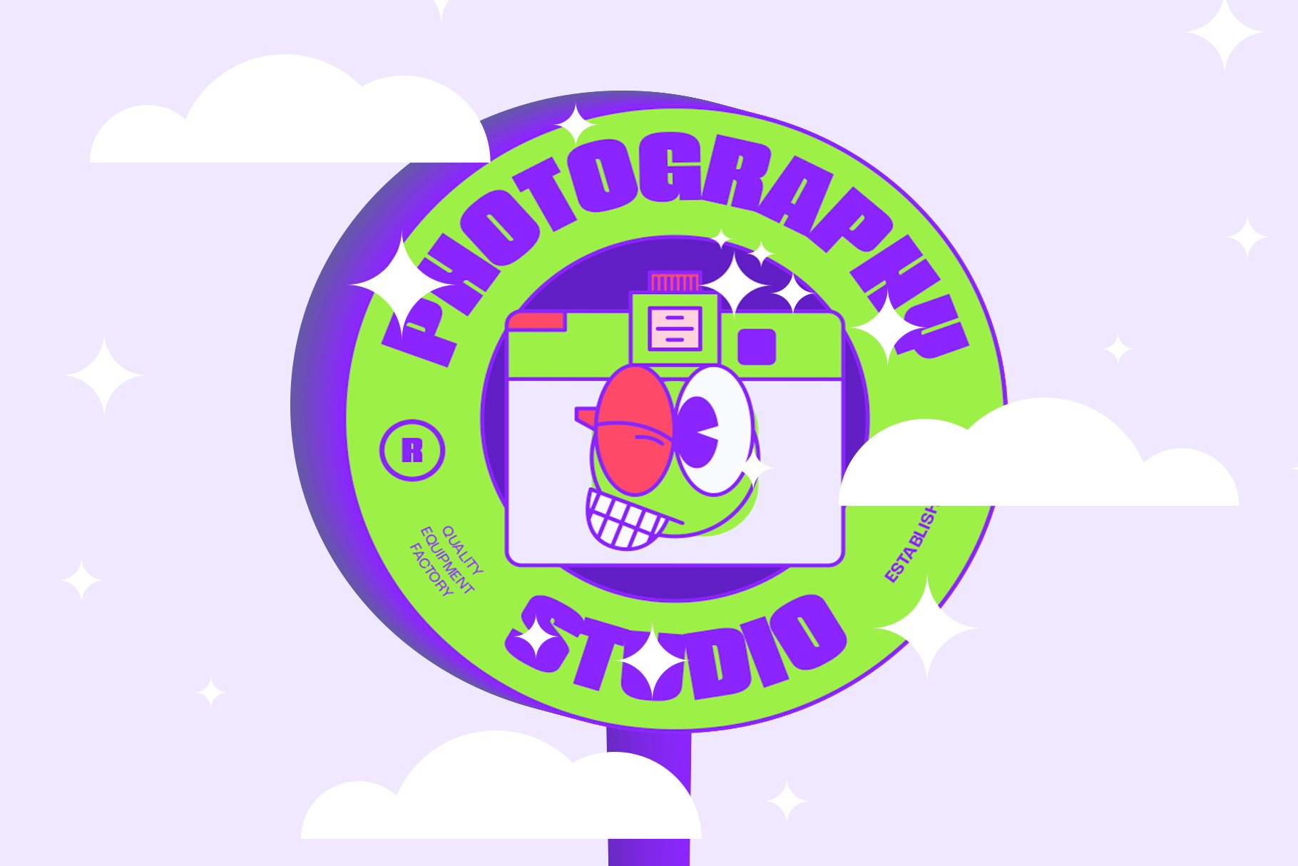Bright neon circular badge with photography studio text, camera character, purple lime colors, clouds