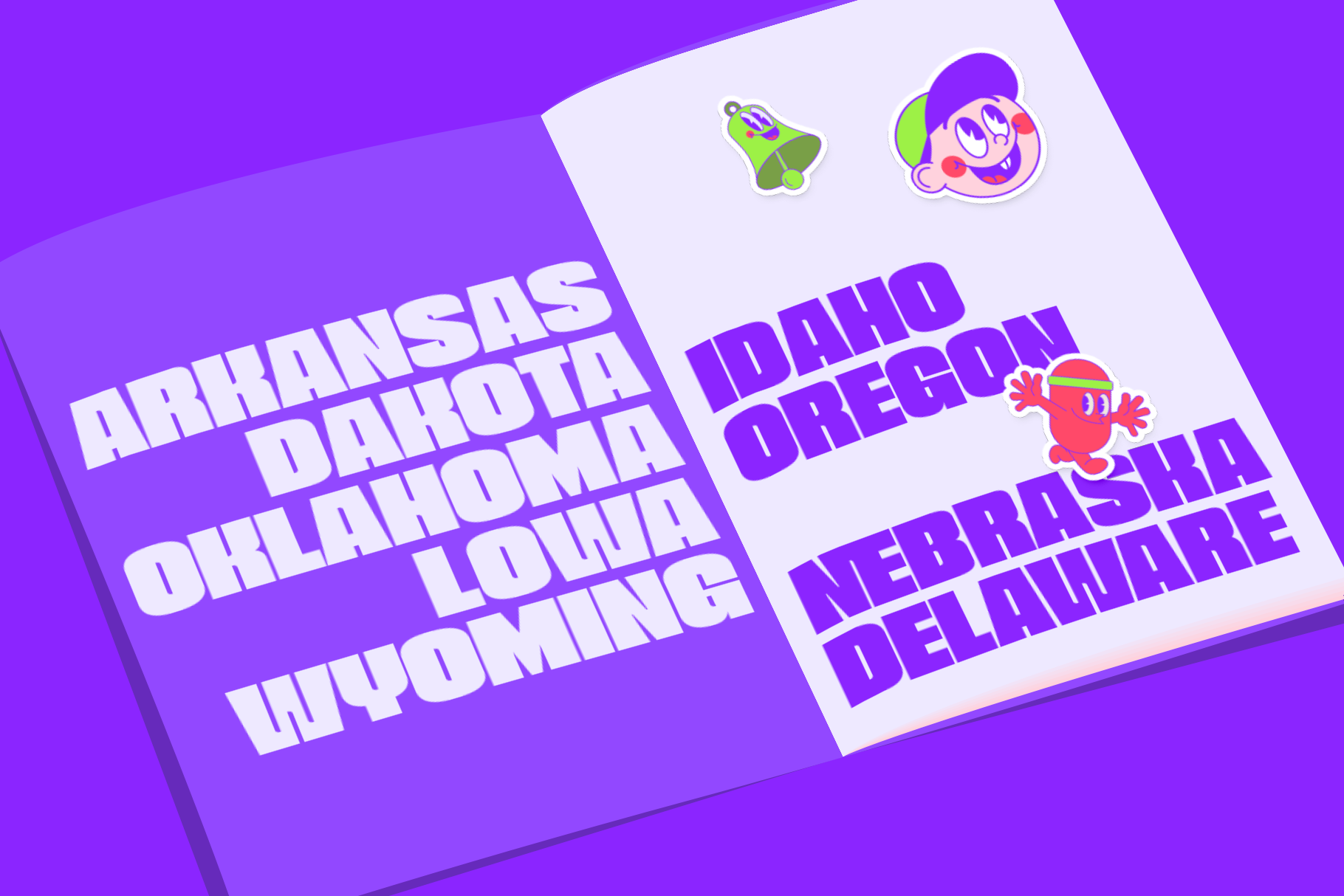 Bold purple type listing US state names with colorful cartoon sticker characters on bright background