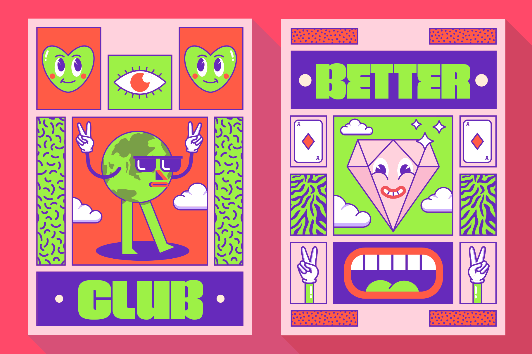 Groovy retro poster mockup with neon green characters, bold typography on hot pink background