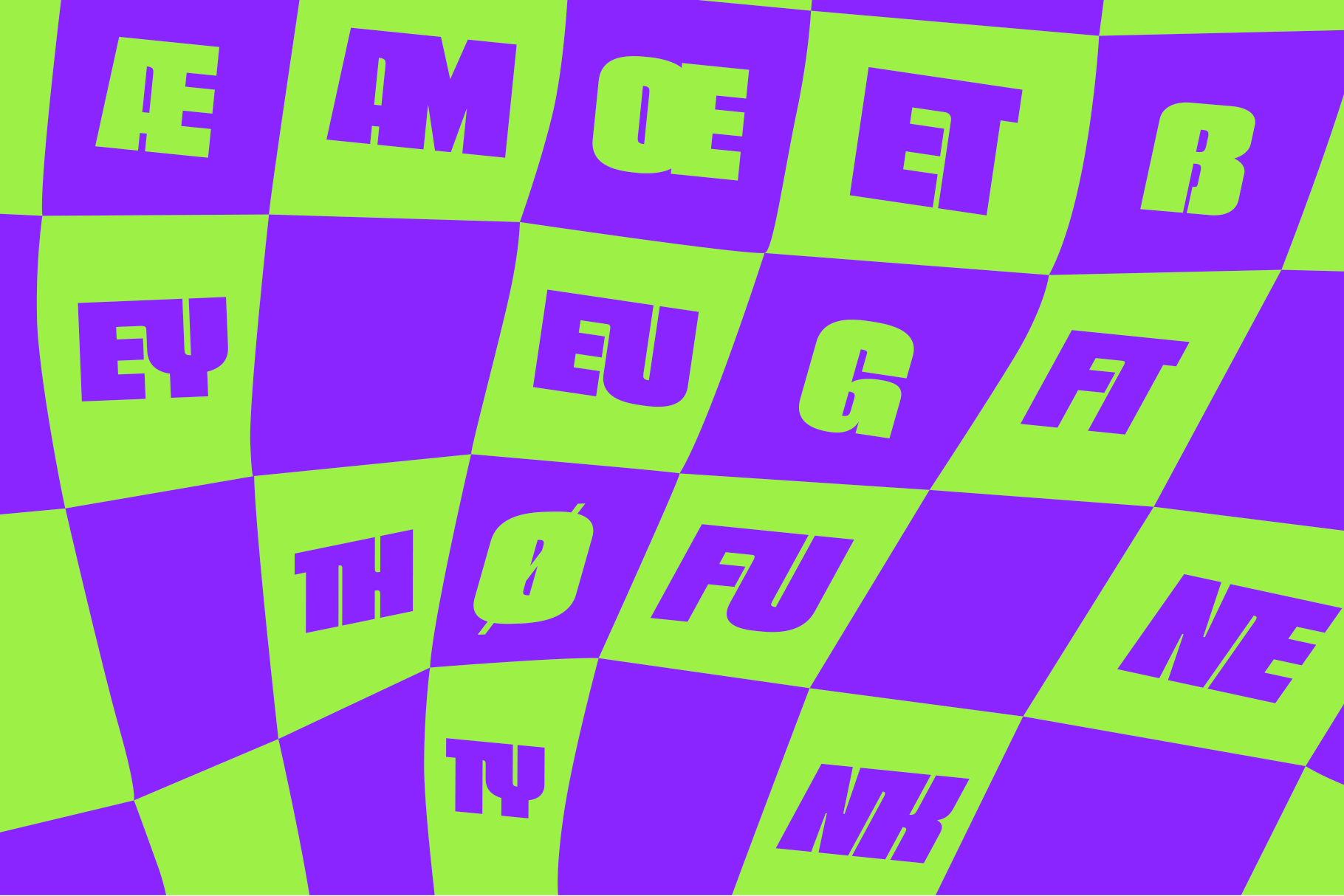 Neon lime typography on warped purple checkerboard pattern with bold geometric distortion