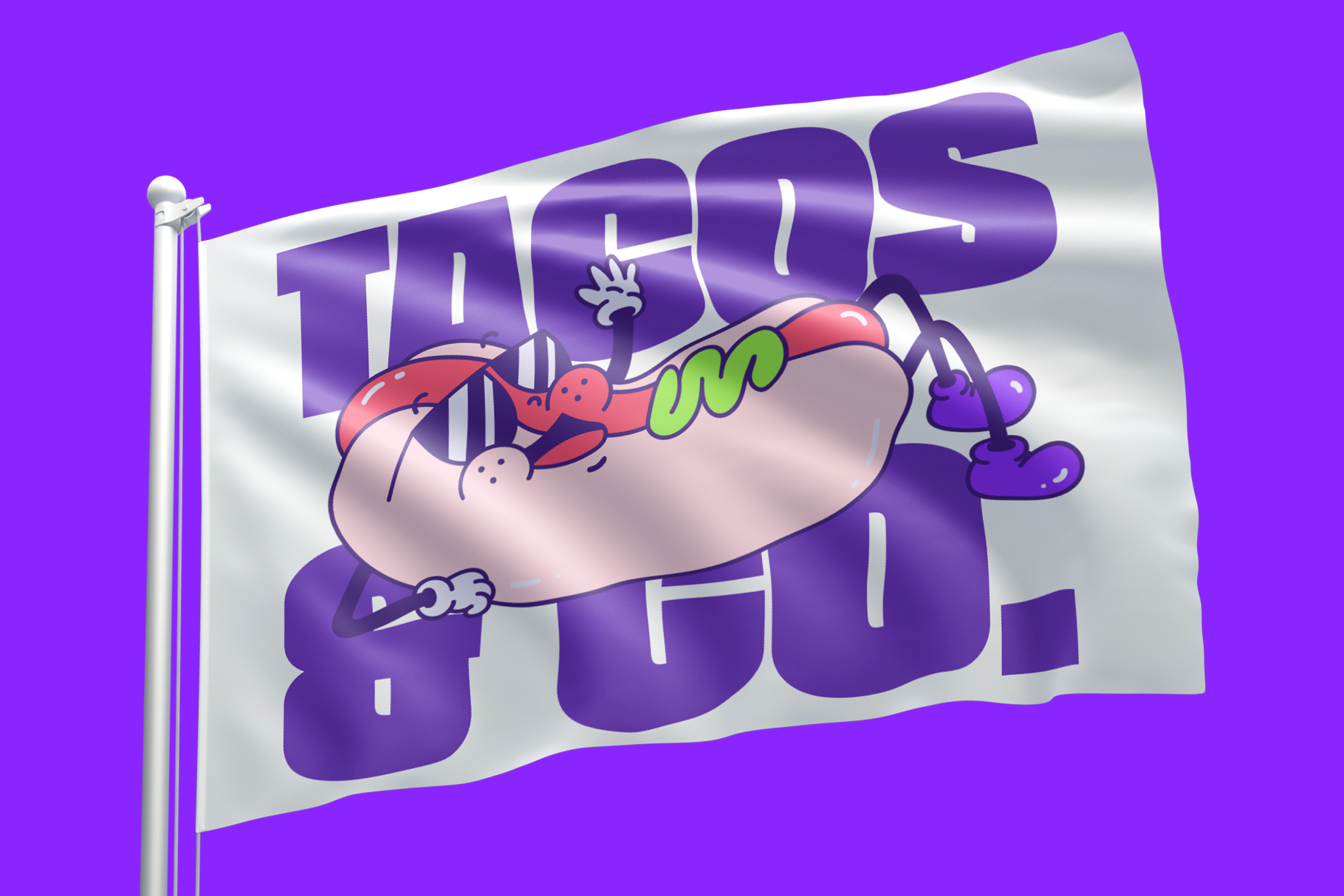 Vibrant flag mockup with purple 3D letters, cartoon hot dog character, bright background