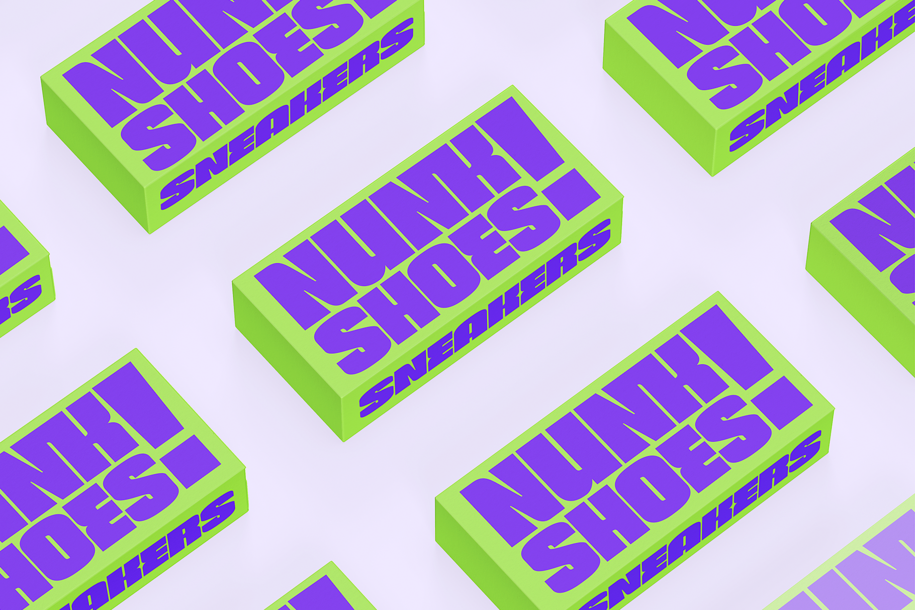 Isometric 3D boxes with bold purple letters on neon green edges, arranged in scattered pattern