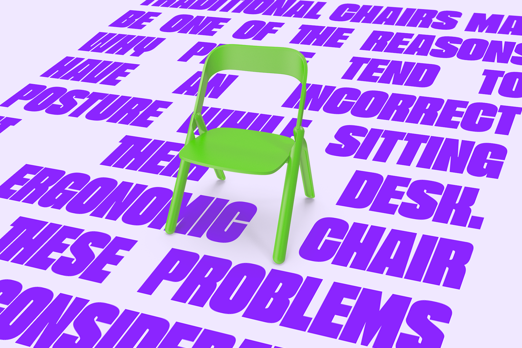Bright green folding chair surrounded by bold purple italic typography on white background