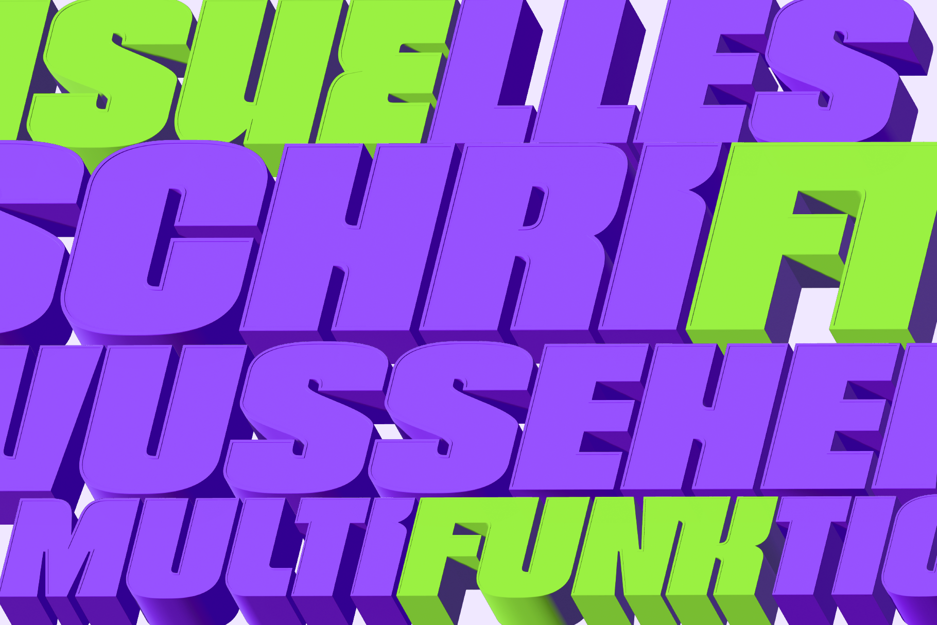 Neon lime green plus purple 3D extruded letters stacked in overlapping rows with heavy shadows