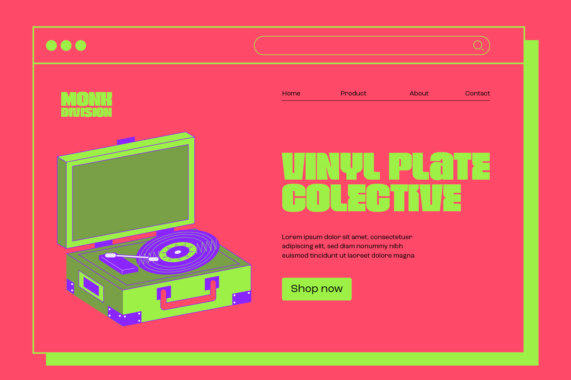 Retro website mockup with neon green vinyl player suitcase on hot pink background