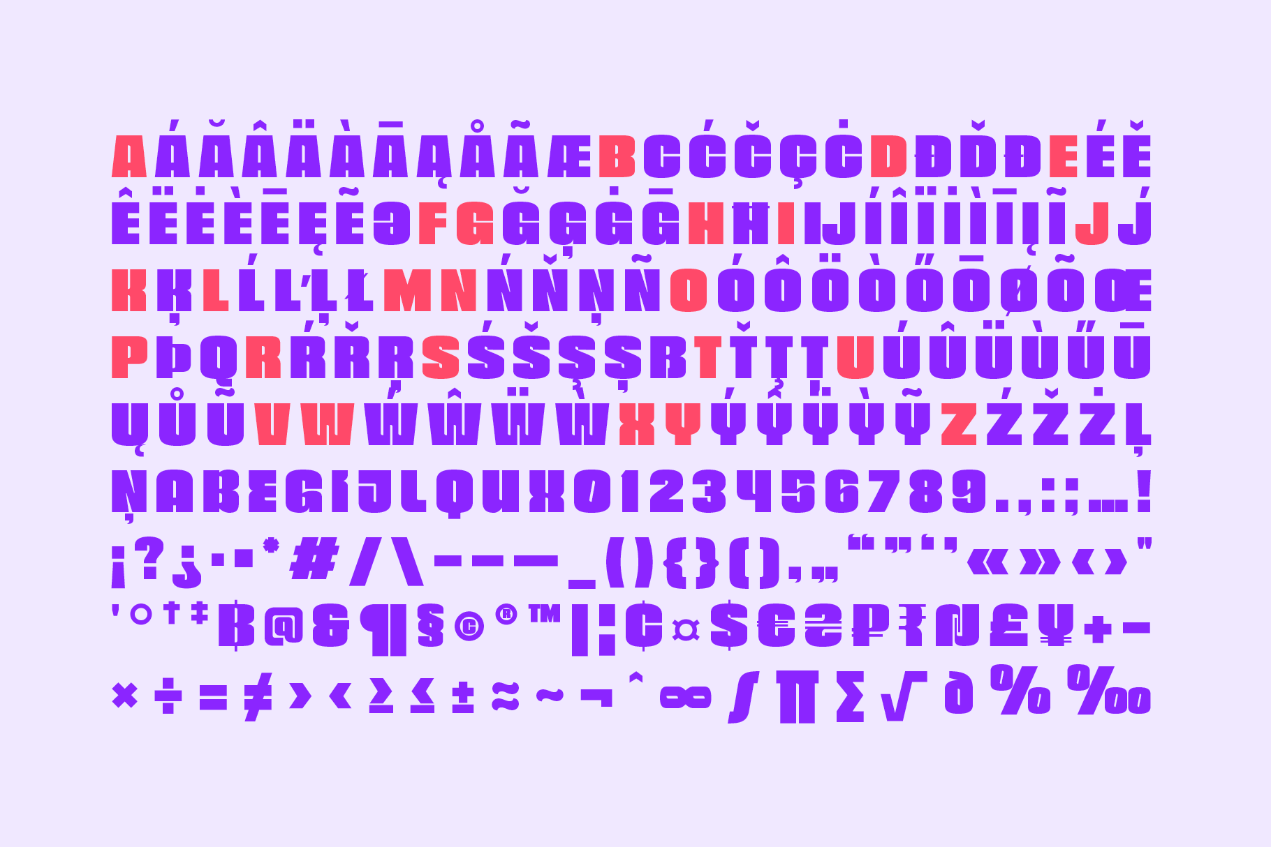 Bold purple font with bright red accents showing full character set with letters, numbers, symbols on lavender background