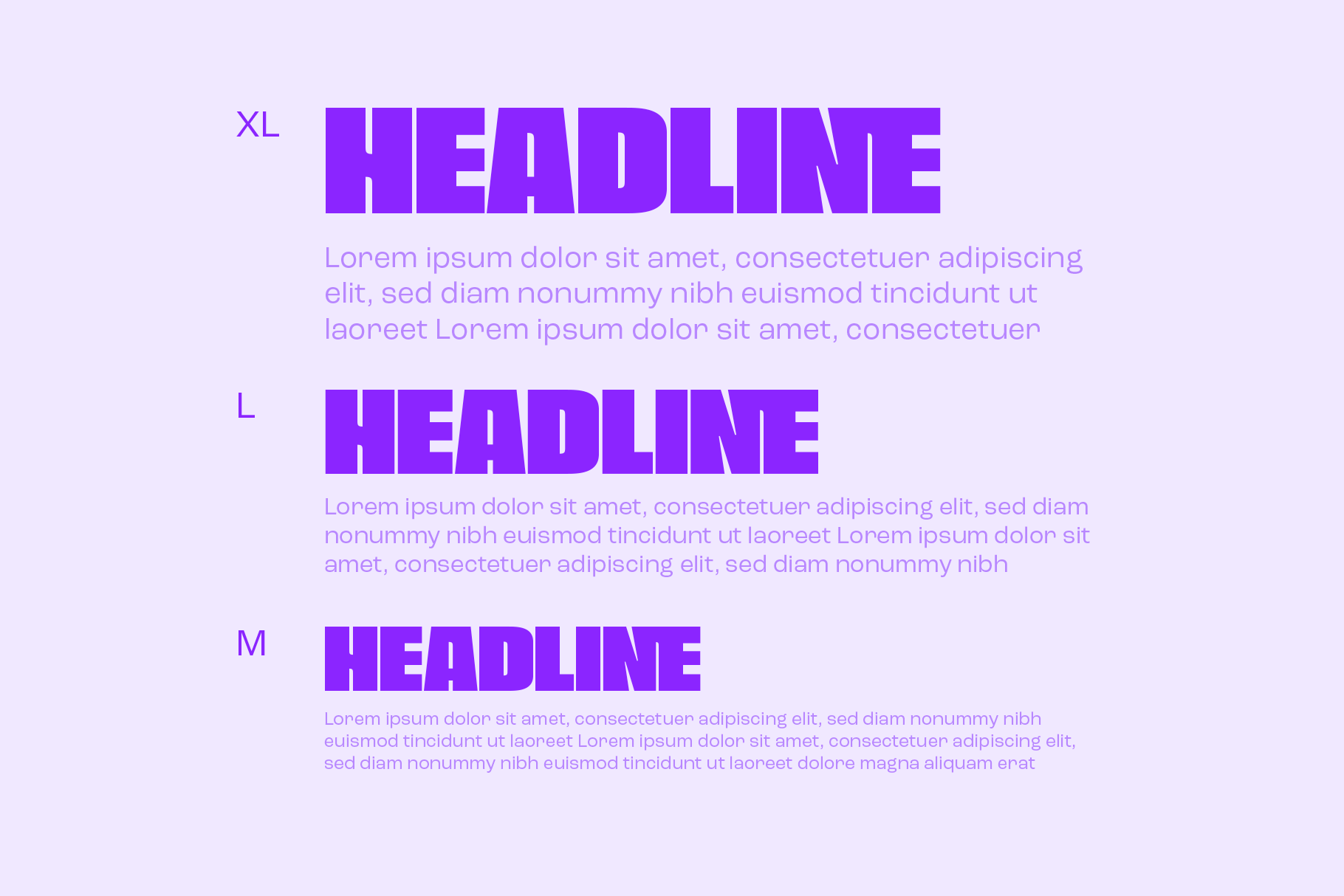 Bold purple headline type scale showing XL, L, M sizes with lavender body copy below each on light background