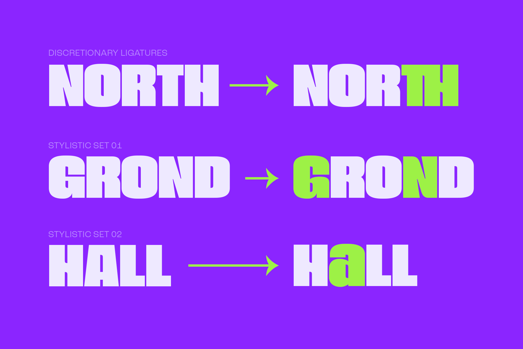 Bold display font with neon green highlight effects showing three word variations on vibrant purple background