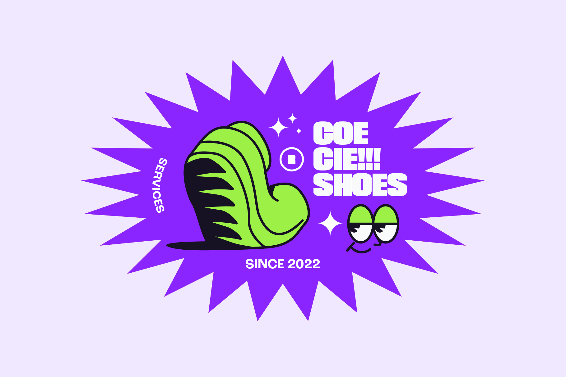 Retro shoe brand badge with neon green sneaker, purple starburst, playful eyes on lavender background