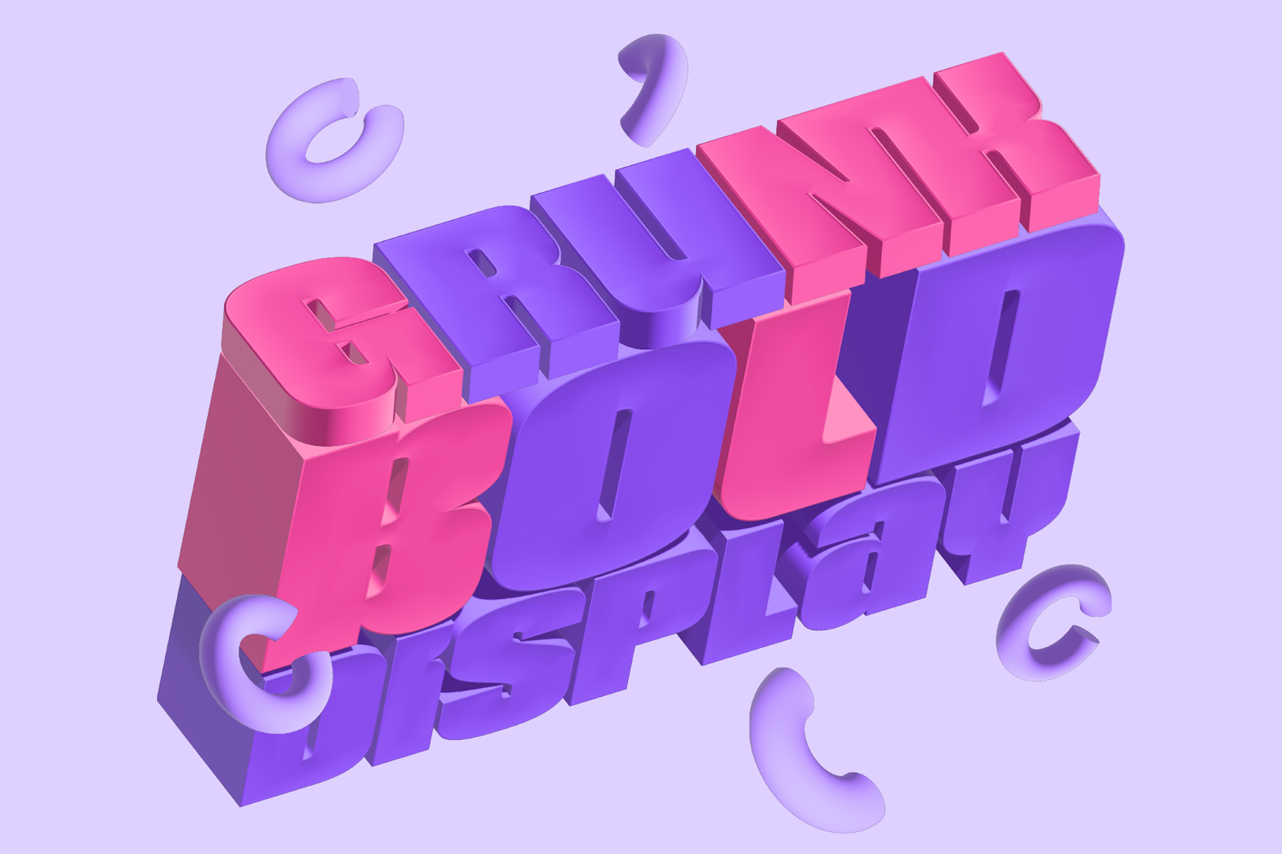 Colorful 3D isometric letters in hot pink, purple, violet gradients on lavender background
