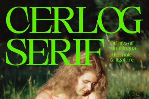 Neon green serif font layered over nature photo with girl in grass, showing multilingual alternates