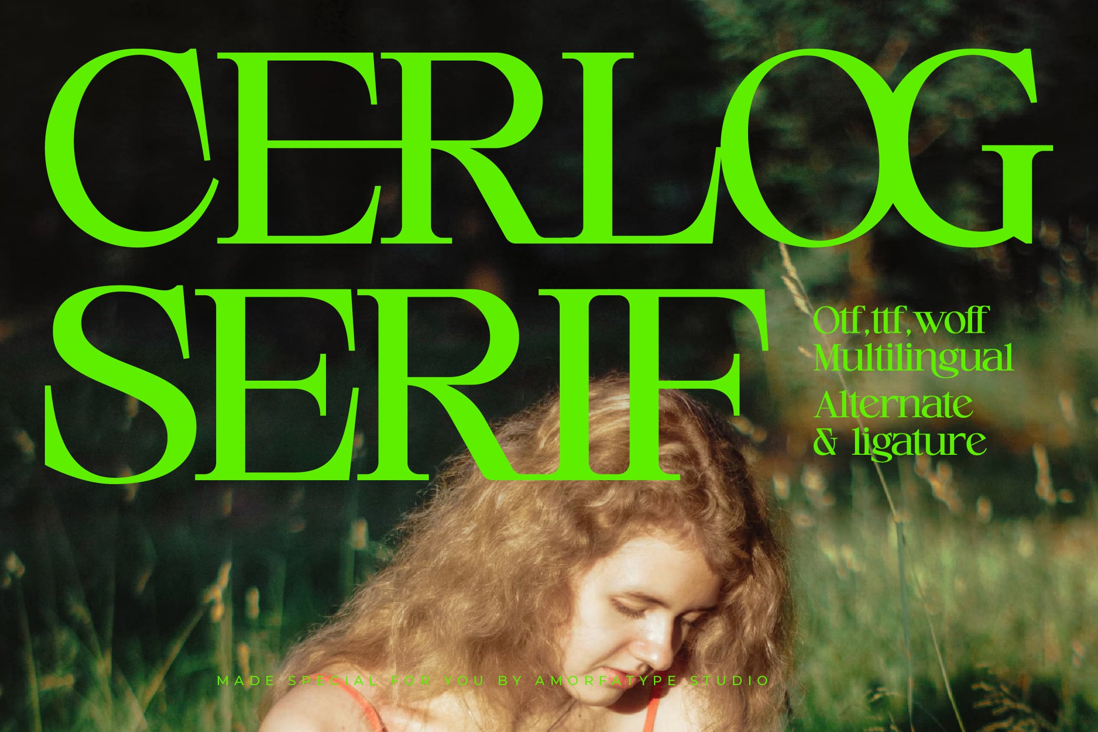 Neon green serif font layered over nature photo with girl in grass, showing multilingual alternates