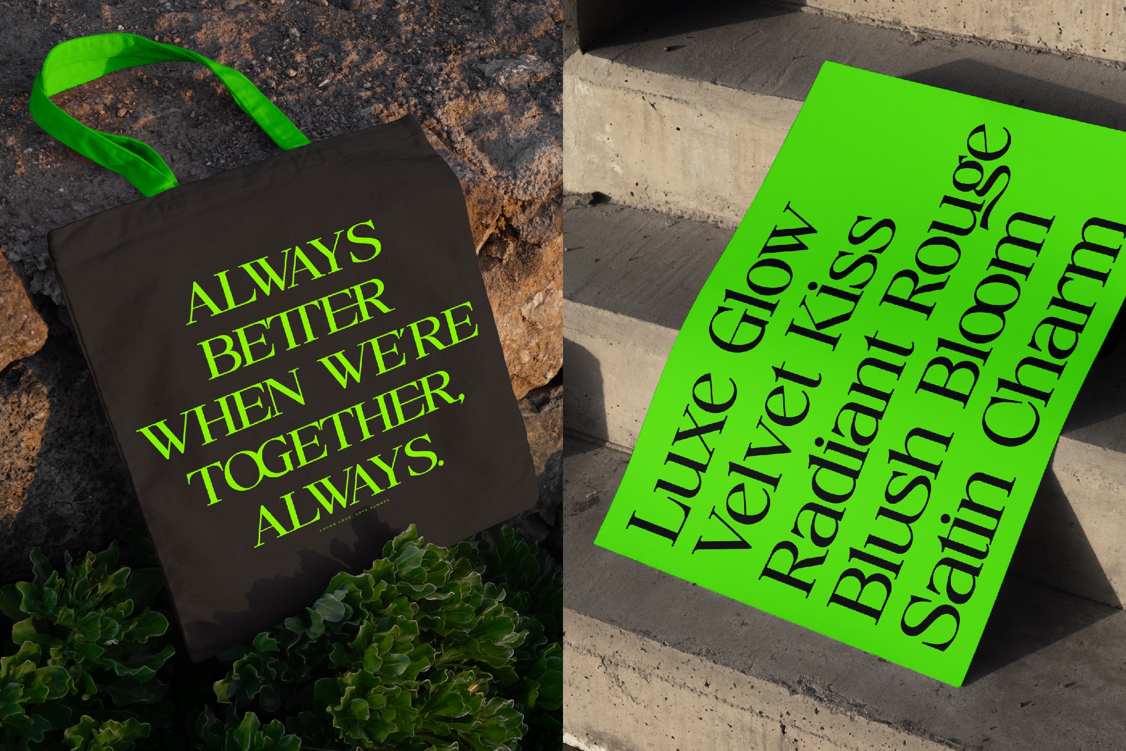 Neon green tote bag with black canvas beside matching poster on concrete steps, both displaying inspirational typography