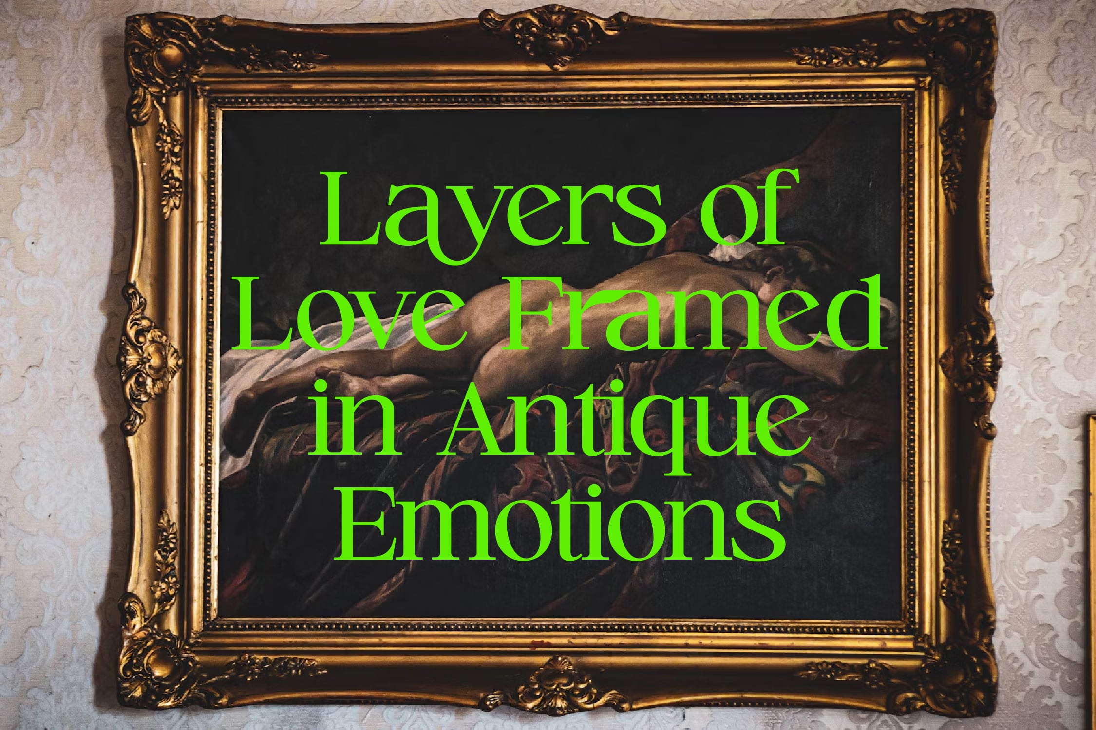 Ornate gold frame with neon green text over classical painting on textured wall background