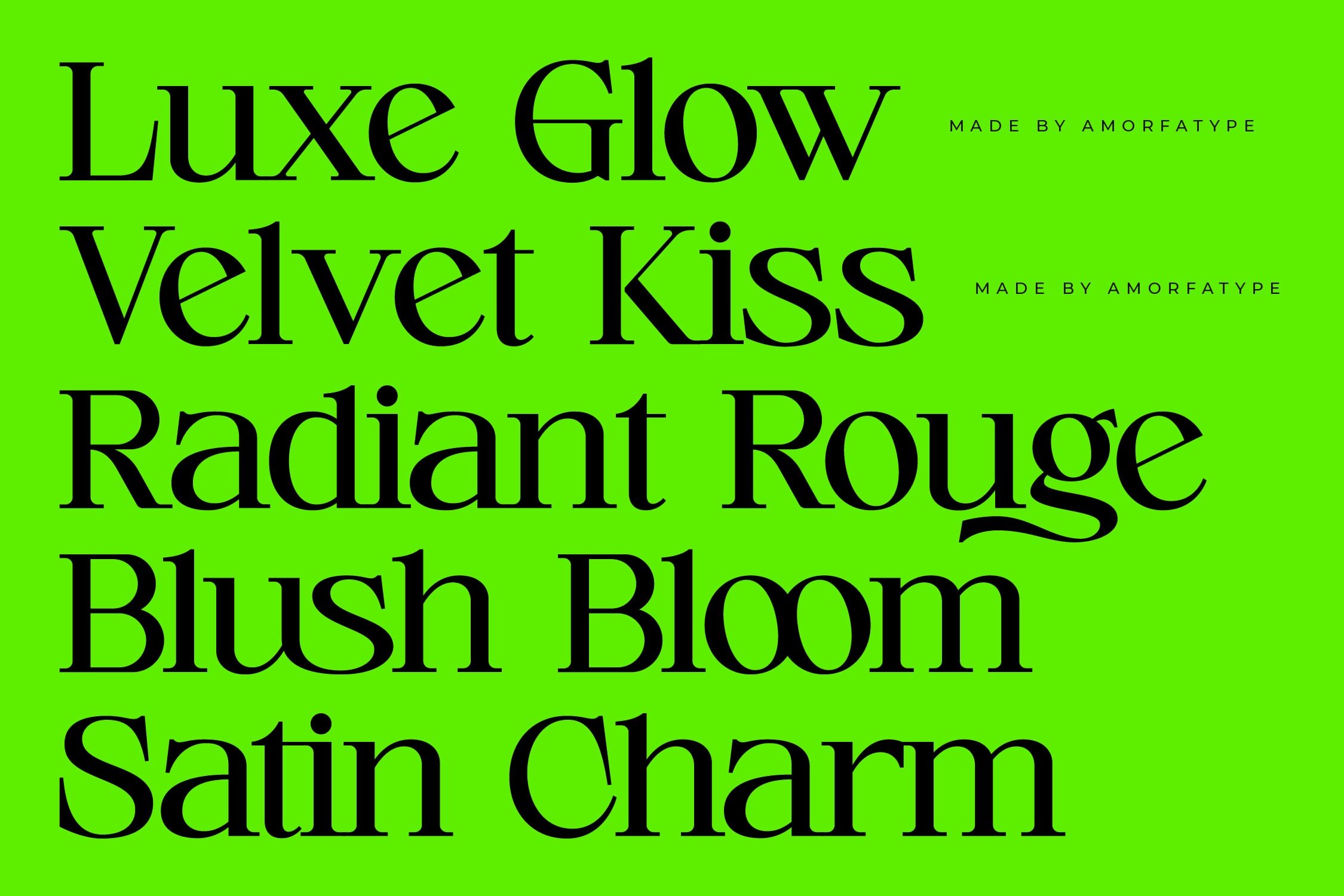Serif typeface display showing five elegant font names in black on neon green background