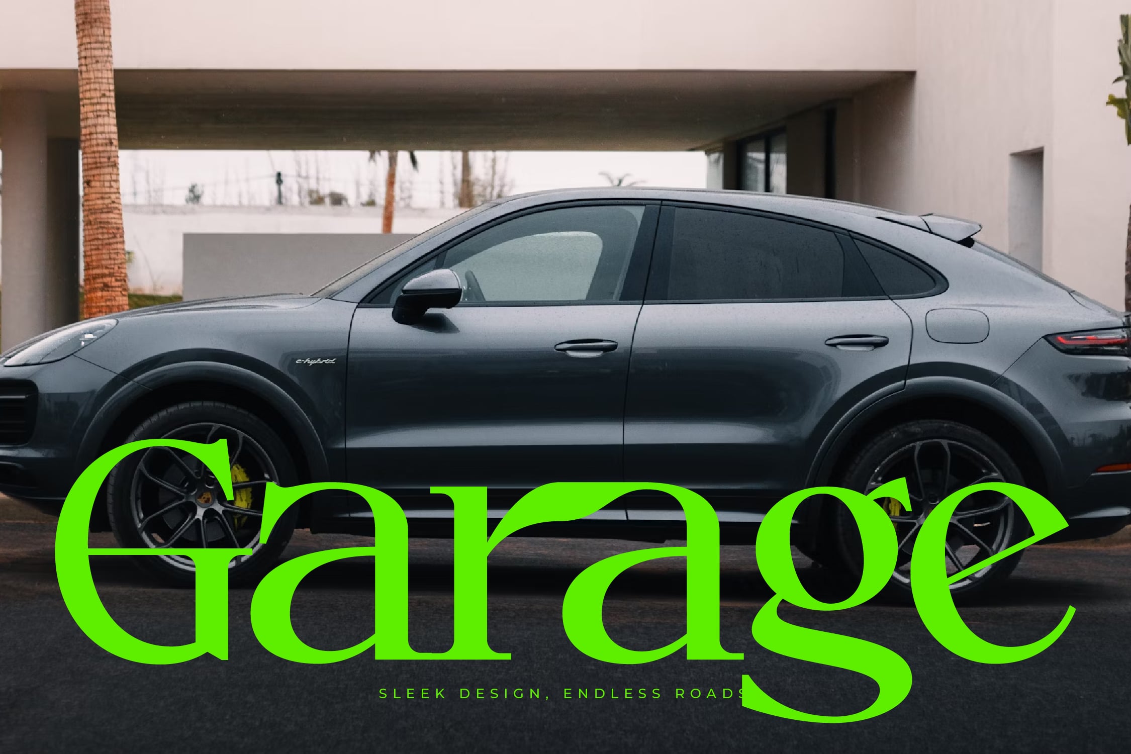 Dark luxury SUV parked in modern garage with neon green "Garage" typography overlay