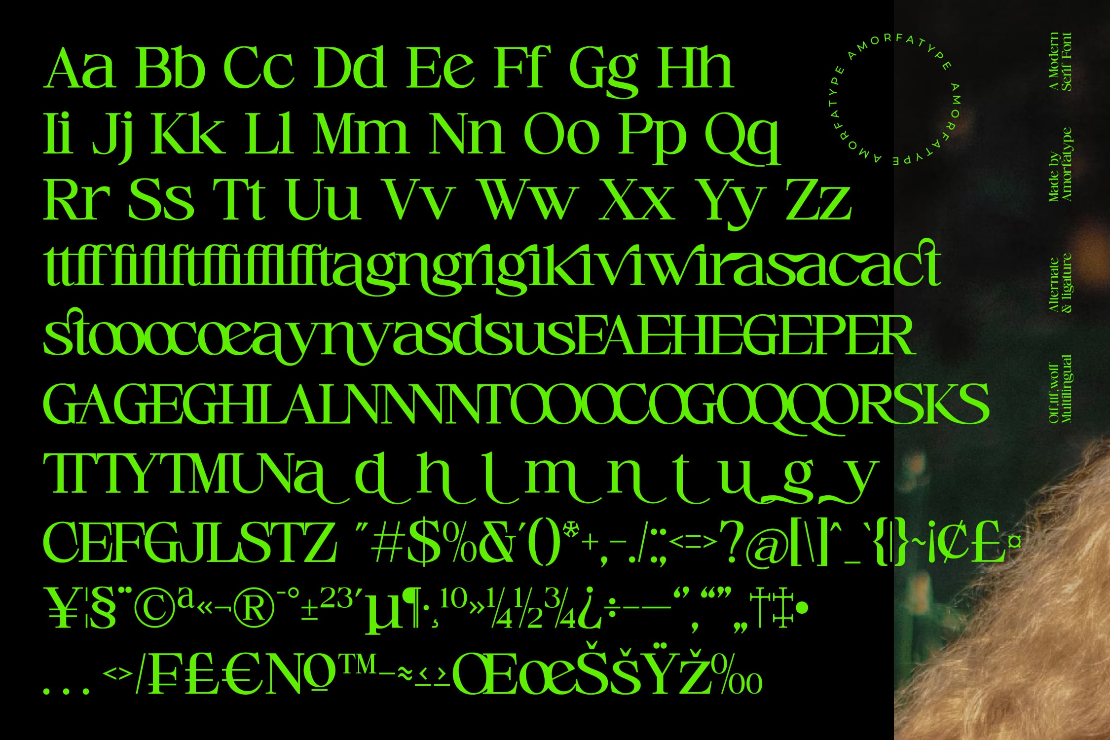 Neon green typeface specimen on black showing full character set with ligatures, symbols, numbers