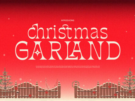 Festive serif font display with "Christmas Garland" text on red background with wooden fence