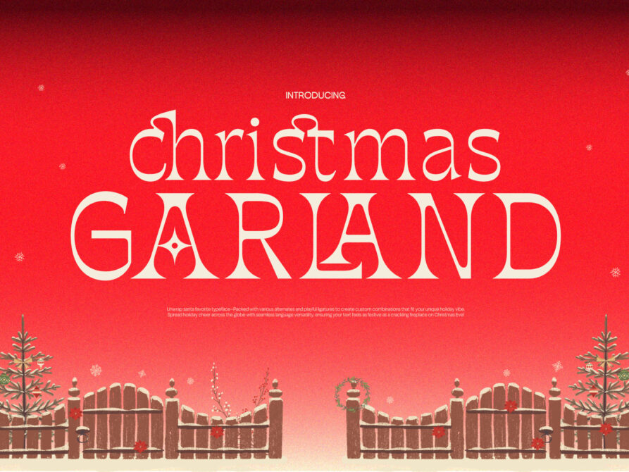 Festive serif font display with "Christmas Garland" text on red background with wooden fence
