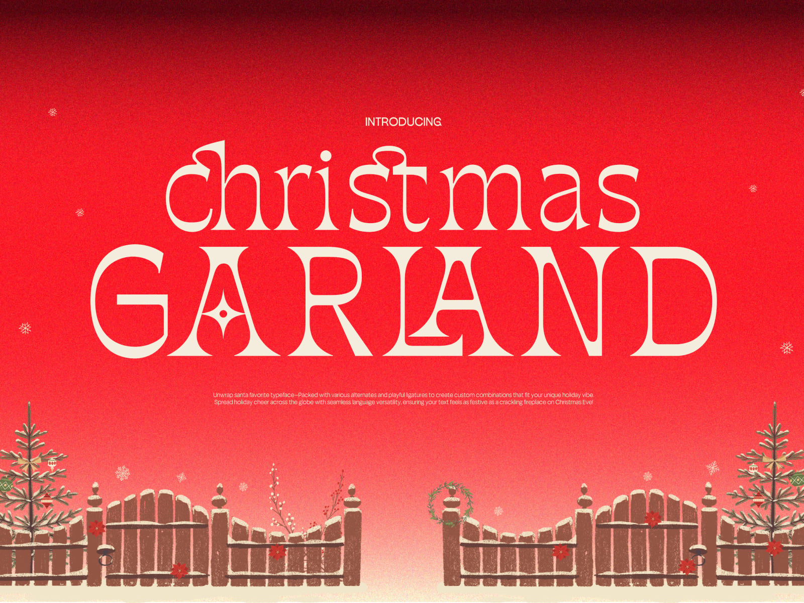 Festive serif font display with "Christmas Garland" text on red background with wooden fence