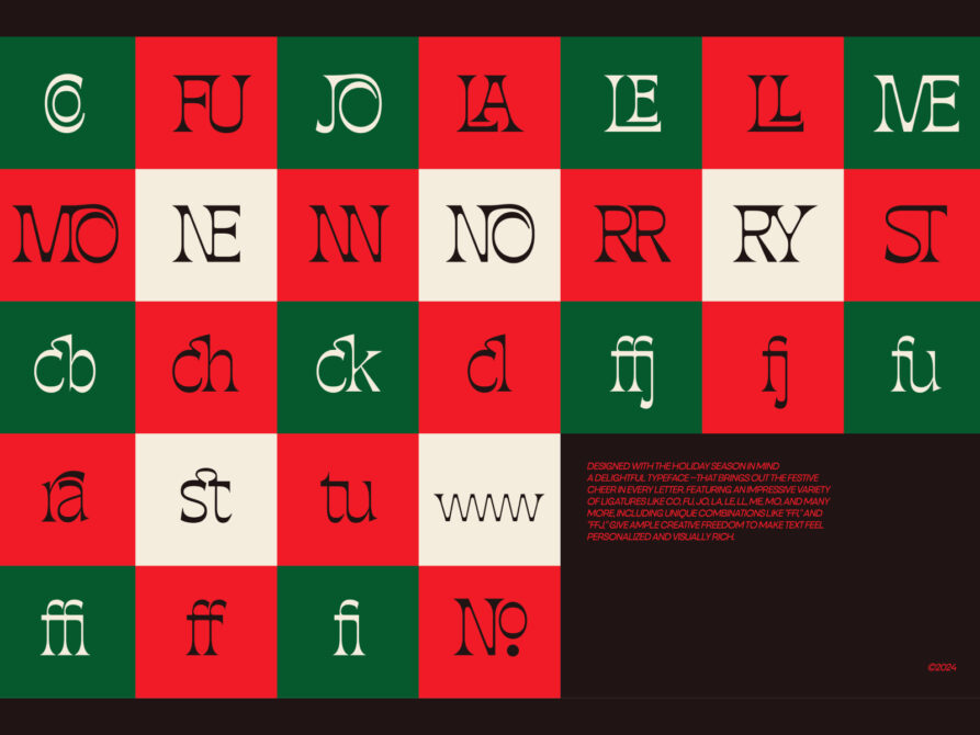 Festive typeface with holiday cheer letters on red green checkerboard pattern