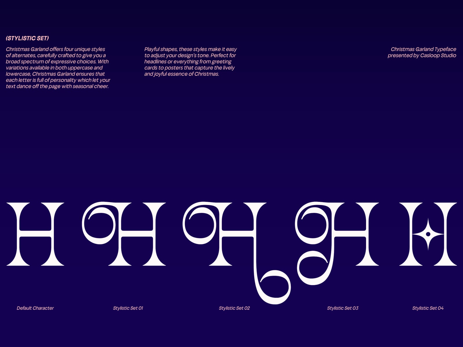 Christmas Garland typeface showing five stylistic character sets in white on dark navy background