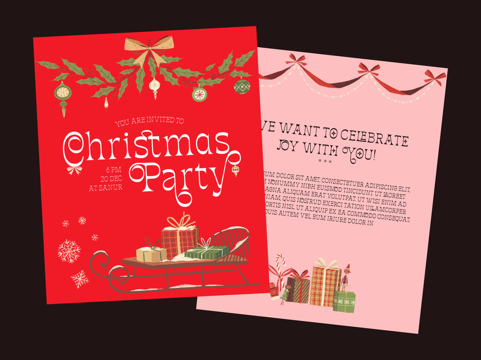 Retro Christmas party invite mockup with red plus pink card designs featuring holly, gifts, sleigh