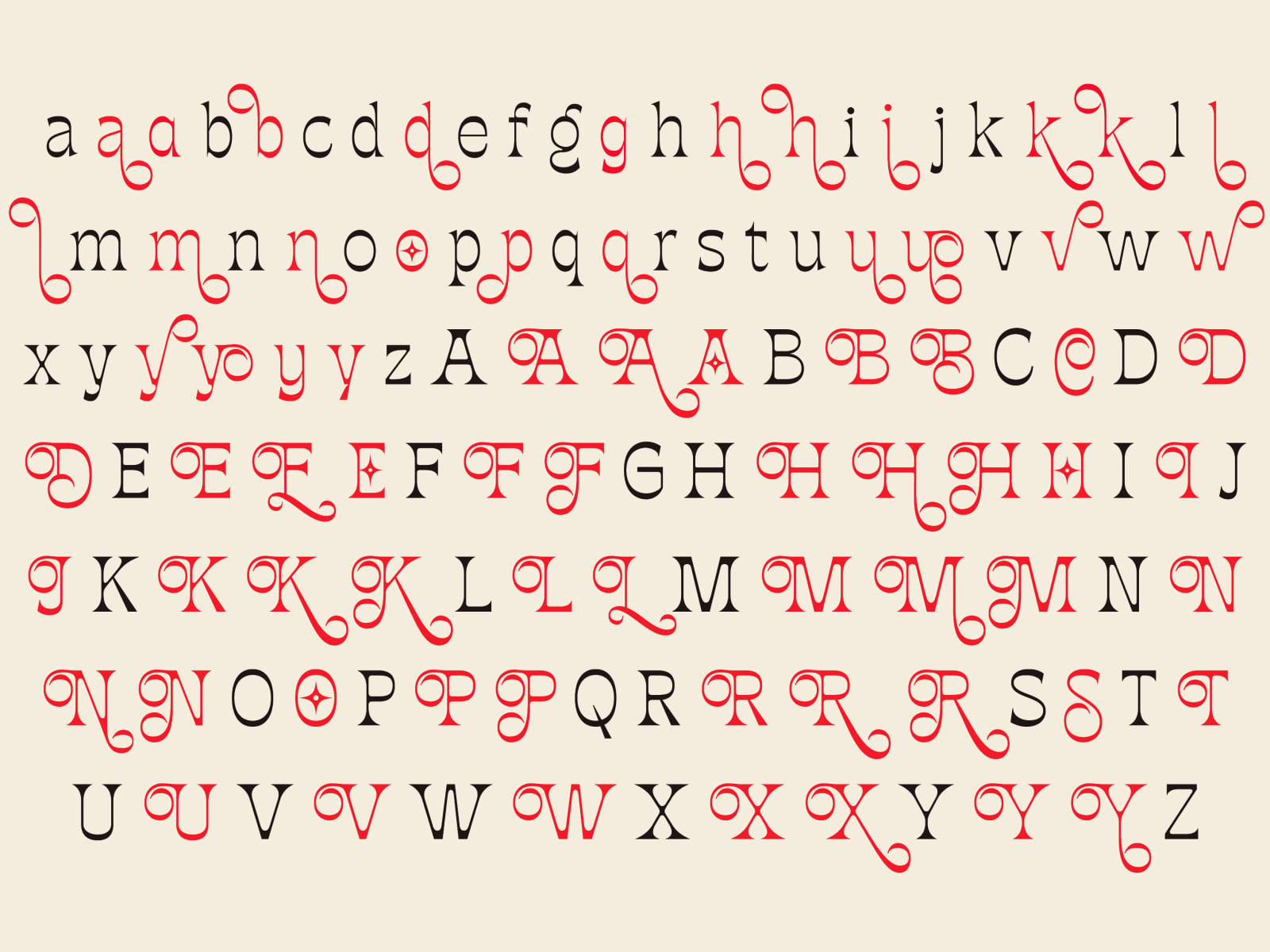 Serif font with ornate red swirls on cream background showing full alphabet