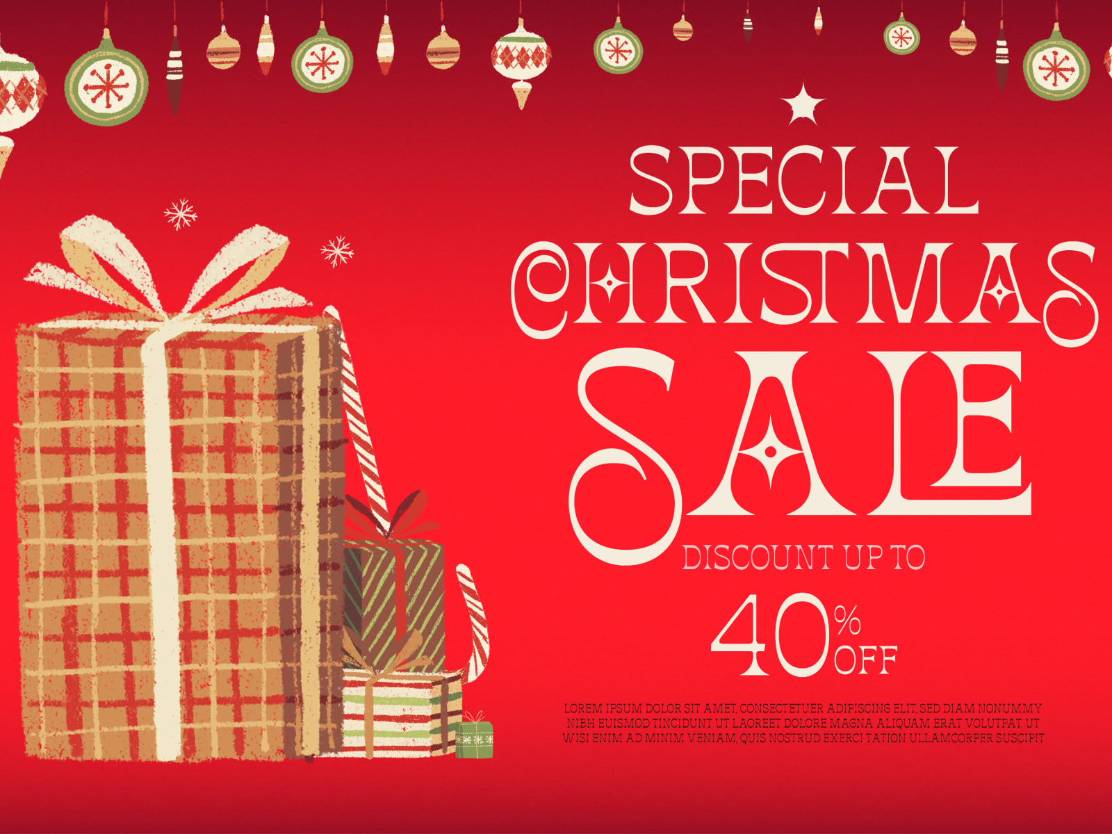 Red Christmas sale poster with wrapped gifts, hanging ornaments, snowflakes, 40% off deal