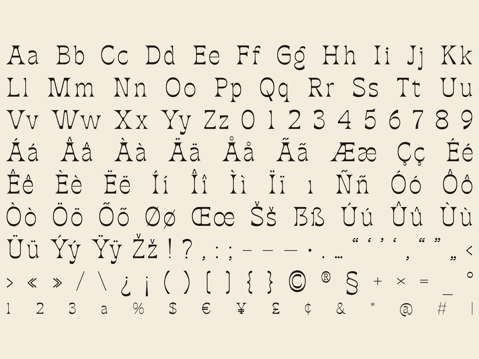 Serif typeface character set showing uppercase, lowercase, numbers, accents, plus punctuation on cream background