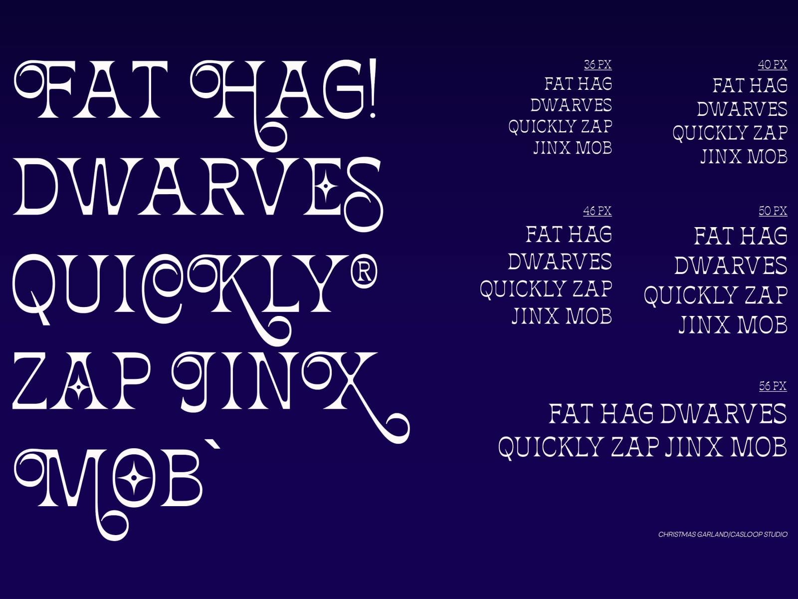 Font display sheet showing Fat Hag, Dwarves, Quickly Zap, Jinx Mob typefaces in multiple sizes