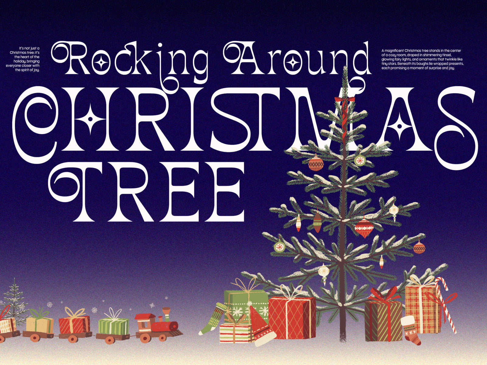 Retro Christmas illustration with ornate white lettering, decorated tree, wrapped gifts, toy train on navy background
