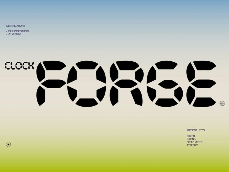 Clock typeface by Casloop Studio with geometric digital racing speed meter design