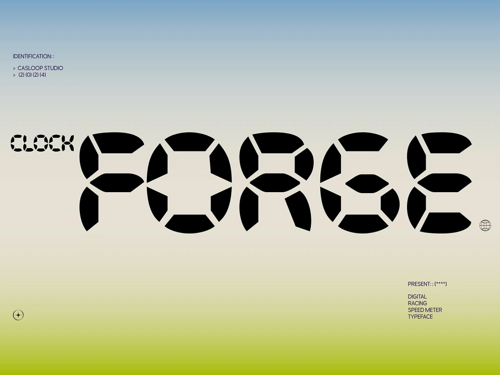 Clock typeface by Casloop Studio with geometric digital racing speed meter design