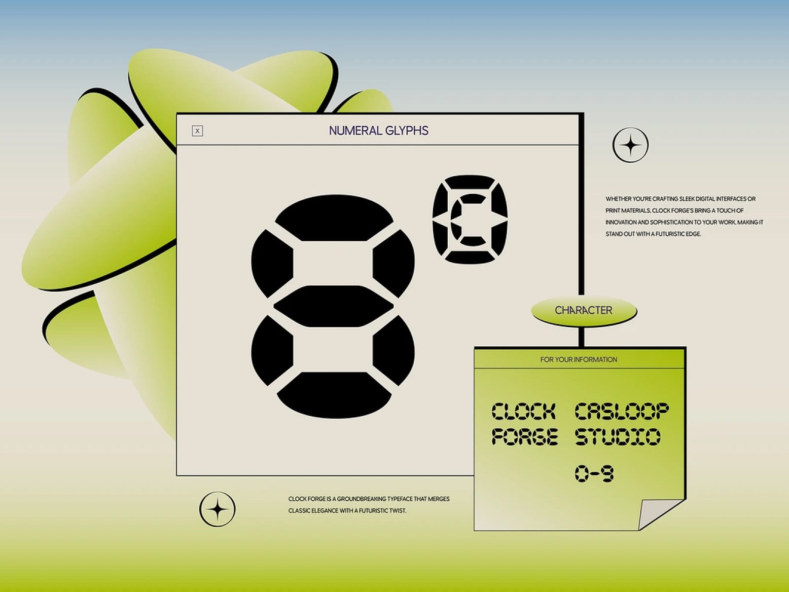 Clock Forge typeface specimen showing geometric numeral glyphs in bold black with lime green accents